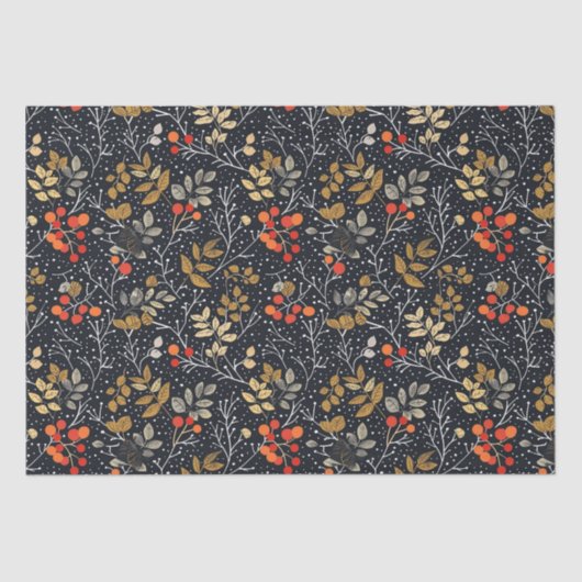 黒の複雑な葉とベリーのパターン 薄葉紙 (正面)