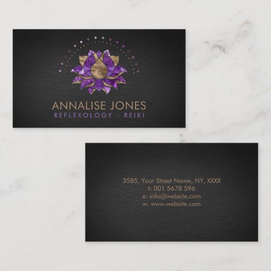 黒の贅沢な紫色のアメジストそして金ゴールドのはす 名刺 (正面/裏面)