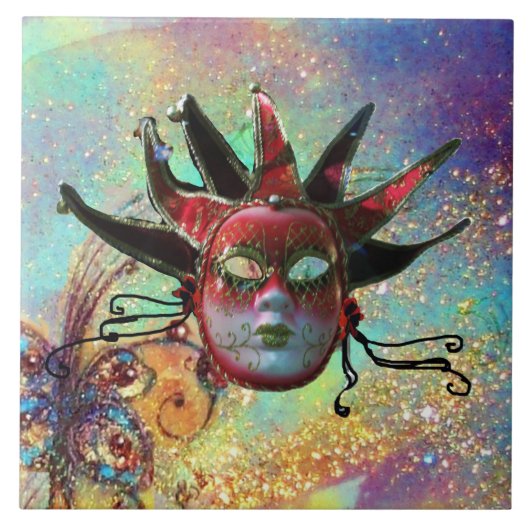 黒の赤いジェスターマスクの仮装グリーンブルー タイル (正面)