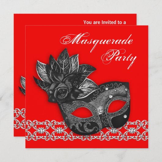 黒の赤いマスカレードパーティの招待状 招待状 (正面/裏面)