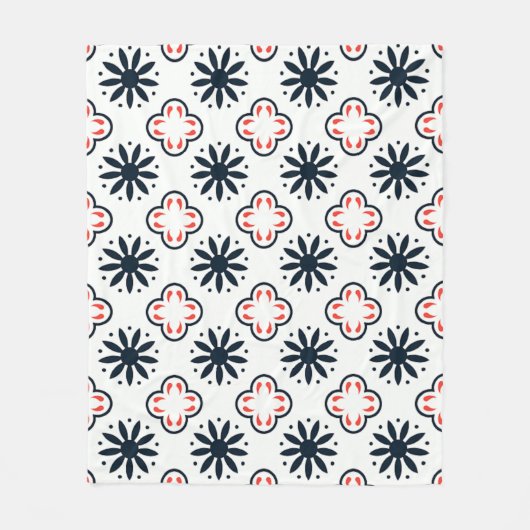 黒の赤いヴィンテージフローラモロッコモザイクパターン フリースブランケット (正面)