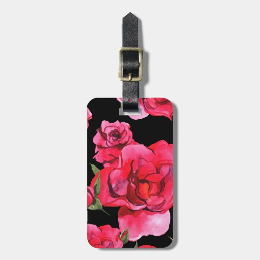 黒の赤い水彩画のバラそして緑の草木 ラゲッジタグ (正面縦)