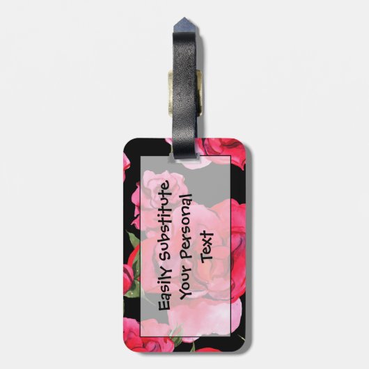 黒の赤い水彩画のバラそして緑の草木 ラゲッジタグ (裏面縦)