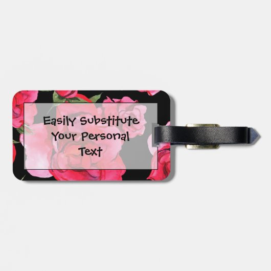 黒の赤い水彩画のバラそして緑の草木 ラゲッジタグ (裏面横)