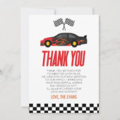 黒の赤い炎レーサーレースカーベビーシャワー サンキューカード (正面)