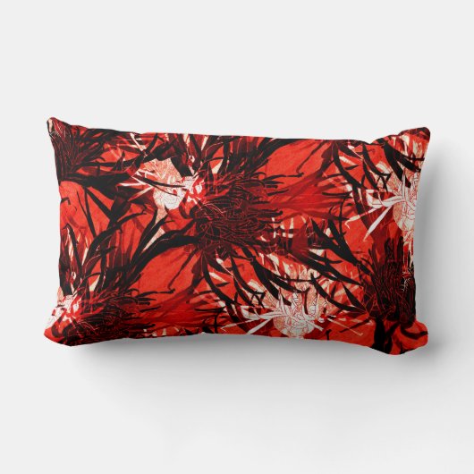 黒の赤と白の抽象芸術フローラ |モノグラム ランバークッション (裏面)