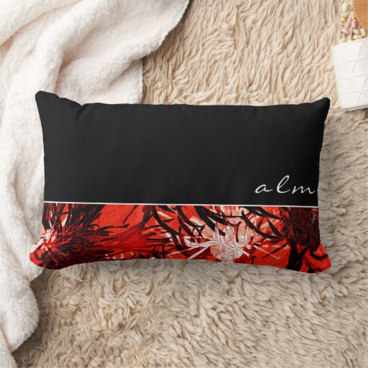 黒の赤と白の抽象芸術フローラ |モノグラム ランバークッション (ブランケット)