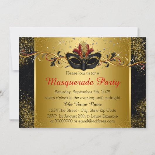 黒の赤と金ゴールドの仮装パーティー 招待状 (裏面)