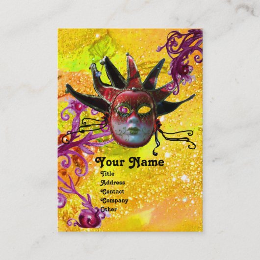 黒の赤ジェスターマスクマスカレードパーティー黄色 名刺 (正面)