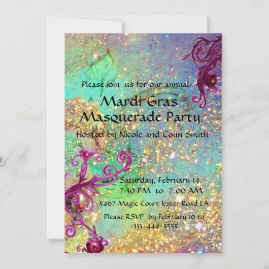 黒の赤ジェスターマスク仮装パーティーブルーシルバー 招待状 (裏面)