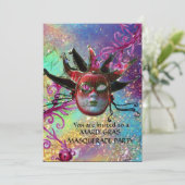 黒の赤ジェスターマスク仮装パーティーブルーシルバー 招待状 (スタンド正面)