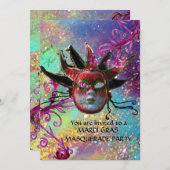 黒の赤ジェスターマスク仮装パーティーブルーシルバー 招待状 (正面/裏面)