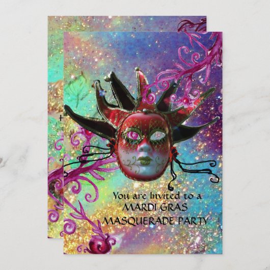 黒の赤ジェスターマスク仮装パーティーブルーシルバー 招待状 (正面/裏面)