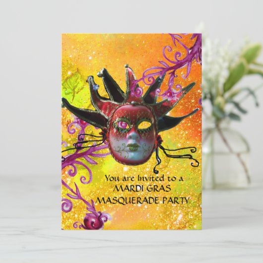 黒の赤ジェスターマスク，仮装パーティー黄色 招待状 (スタンド正面)