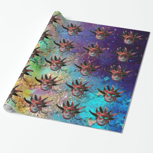 黒の赤ジェスターマスク,仮装パーティー,白 ラッピングペーパー (アンロールド)