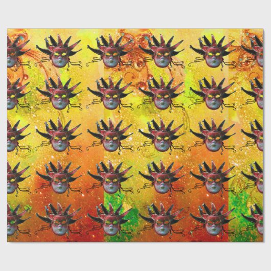 黒の赤ジェスターマスク，仮装パーティー，黄色 ラッピングペーパー (フラット)