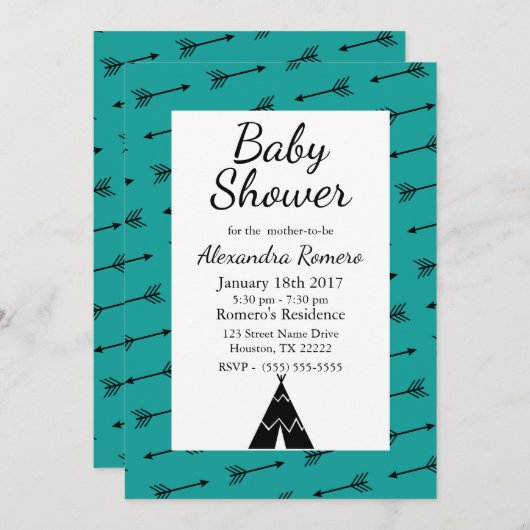 黒の部族用矢印とティーピーベビーシャワー 招待状 (正面/裏面)