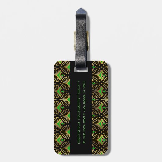 黒の金ゴールドと緑のアールデコパターン ラゲッジタグ (裏面縦)