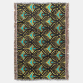 黒の金ゴールドと青のアールデコパターン スローブランケット (正面縦)