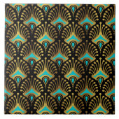 黒の金ゴールドと青のアールデコパターン タイル (正面)