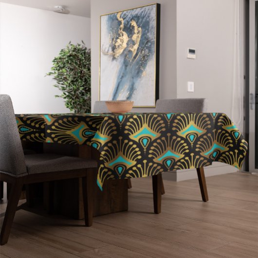 黒の金ゴールドと青のアールデコパターン テーブルクロス