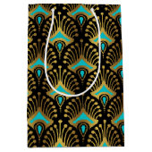 黒の金ゴールドと青のアールデコパターン ミディアムペーパーバッグ (正面)