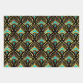 黒の金ゴールドと青のアールデコパターン ラッピングペーパーシート (正面)