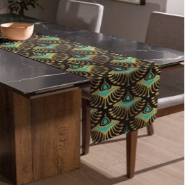 黒の金ゴールドと青のアールデコパターン ロングテーブルランナー