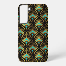 黒の金ゴールドと青のアールデコパターン SAMSUNG GALAXY S22+ケース