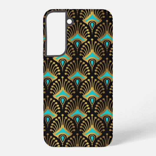 黒の金ゴールドと青のアールデコパターン SAMSUNG GALAXYケース (裏面)