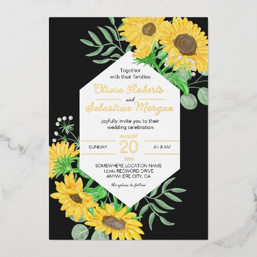 黒の金ゴールドに水色の黄色い結婚ひまわり 箔招待状 (正面)