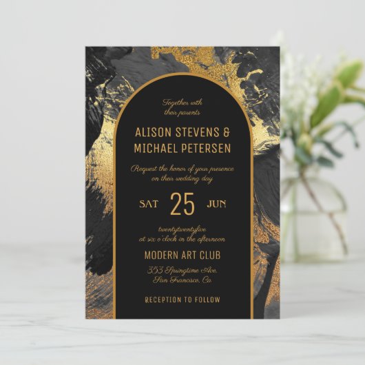 黒の金ゴールドエレガント抽象芸術結婚写真 招待状 (スタンド正面)