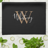 黒の金ゴールドスクリプト名モノグラム キッチンタオル (折り畳み)