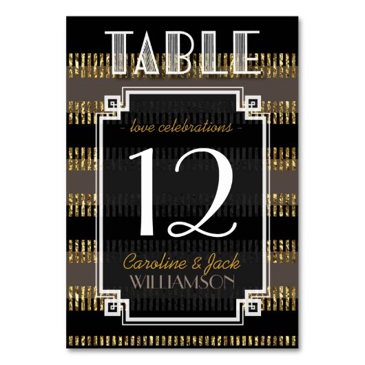 黒の金ゴールドストライプ+アールデコテーブル番号カード テーブルナンバー (正面)
