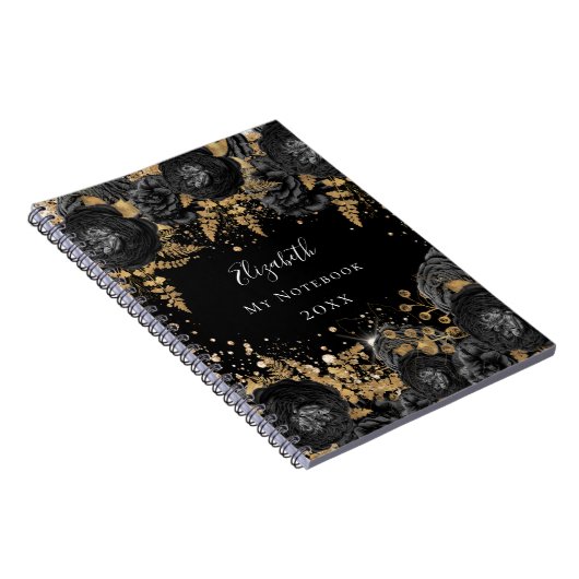黒の金ゴールドフローラグリッター名のグラマー ノートブック (右側)