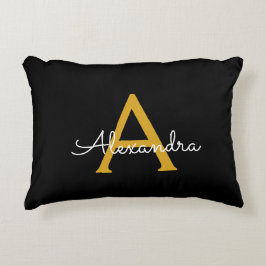 黒の金ゴールドモダンスクリプガーリートのモノグラム名 アクセントクッション
