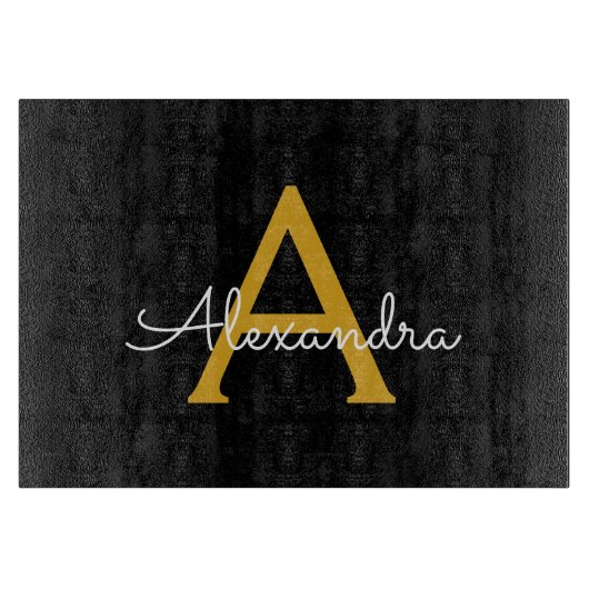 黒の金ゴールドモダンスクリプガーリートのモノグラム名 カッティングボード (正面)