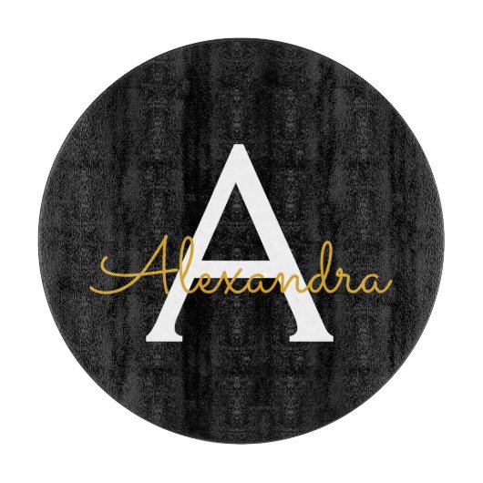 黒の金ゴールドモダンスクリプガーリートのモノグラム名 カッティングボード (正面)