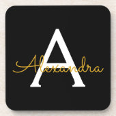 黒の金ゴールドモダンスクリプガーリートのモノグラム名 コースター (正面)