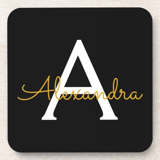 黒の金ゴールドモダンスクリプガーリートのモノグラム名 コースター (正面)