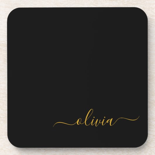 黒の金ゴールドモダンスクリプガーリートのモノグラム名 コースター (正面)