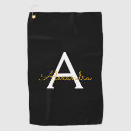 黒の金ゴールドモダンスクリプガーリートのモノグラム名 ゴルフタオル