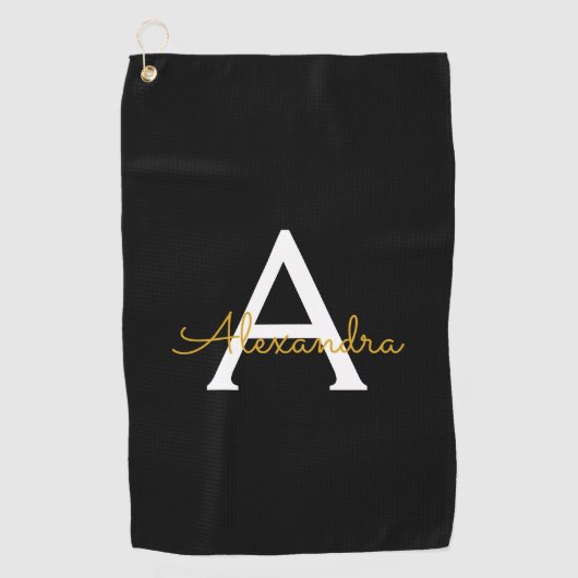 黒の金ゴールドモダンスクリプガーリートのモノグラム名 ゴルフタオル (正面)