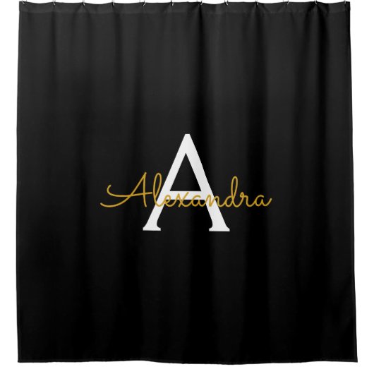 黒の金ゴールドモダンスクリプガーリートのモノグラム名 シャワーカーテン (正面)