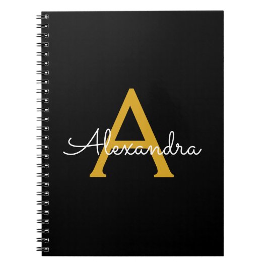 黒の金ゴールドモダンスクリプガーリートのモノグラム名 ノートブック (正面)