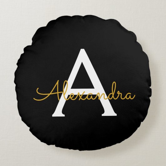 黒の金ゴールドモダンスクリプガーリートのモノグラム名 ラウンドクッション (正面)