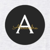 黒の金ゴールドモダンスクリプガーリートのモノグラム名 ラベル (デザイン2)