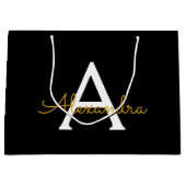 黒の金ゴールドモダンスクリプガーリートのモノグラム名 ラージペーパーバッグ (正面)