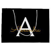 黒の金ゴールドモダンスクリプガーリートのモノグラム名 ラージペーパーバッグ (裏面)