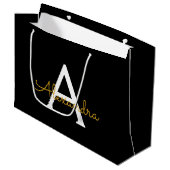 黒の金ゴールドモダンスクリプガーリートのモノグラム名 ラージペーパーバッグ (正面アングル)